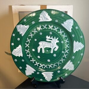 La Gioconda Large Hand painted Reindeer Platter 12” Green